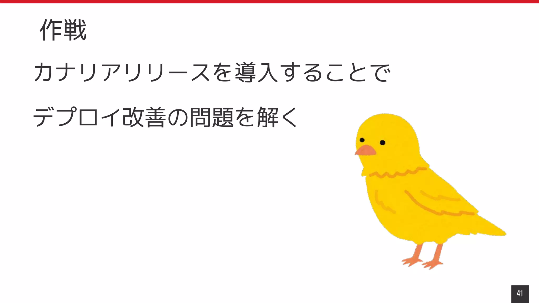 カナリアリリースを導入することで
デプロイ改善の問題を解く
41
作戦
 