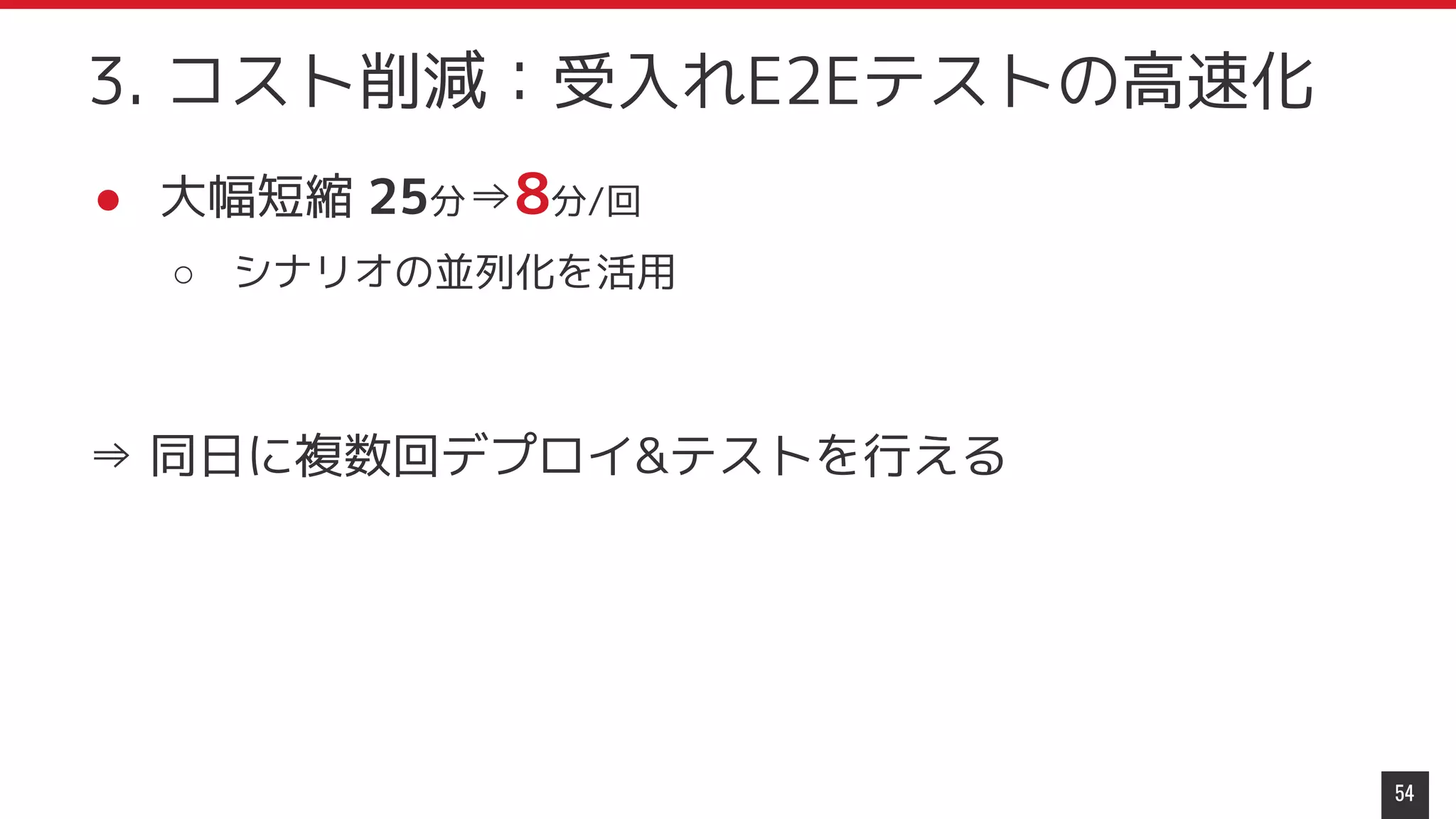 ● 大幅短縮 25分⇒8分/回
○ シナリオの並列化を活用
⇒ 同日に複数回デプロイ&テストを行える
54
3. コスト削減：受入れE2Eテストの高速化
 