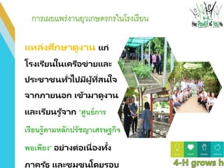 แหล่งศึกษาดูงาน แก่
โรงเรียนในเครือข่ายและ
ประชาชนทั่วไปมีผู้ที่สนใจ
จากภายนอก เข้ามาดูงาน
และเรียนรู ้จาก “ศูนย์การ
เรียนรู้ตามหลักปรัชญาเศรษฐกิจ
พอเพียง” อย่างต่อเนื่องทั้ง
ภาครัฐ และชุมชนโดยรอบ
 