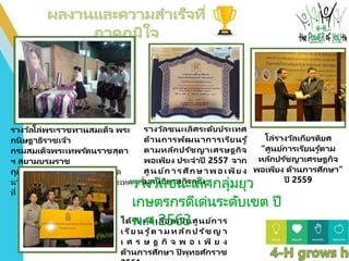 ได้รับคัดเลือกเป็ นศูนย์การ
เ รีย น รู ้ต า ม ห ลัก ป รัช ญ า
เ ศ ร ษ ฐ กิ จ พ อ เ พี ย ง
ด้านการศึกษา ปี พุทธศักราช
โล่รางวัลเกียรติยศ
“ศูนย์การเรียนรู ้ตาม
หลักปรัชญาเศรษฐกิจ
พอเพียง ด้านการศึกษา”
ปี 2559
รางวัลชนะเลิศระดับประเทศ
ด้านการพัฒนาการเรียนรู ้
ตามหลักปรัชญาเศรษฐกิจ
พอเพียง ประจาปี 2557 จาก
ศู นย์การศึกษ าพอ เพีย ง
มูลนิธิยุวสถิรคุณ
รางวัลโล่พระราชทานสมเด็จ พระ
กนิษฐาธิราชเจ้า
กรมสมเด็จพระเทพรัตนราชสุดา
ฯ สยามบรมราช
กุมารี" รางวัลชนะเลิศการประกวด
นวัตกรรมนาโนเทคโนโลยีระดับประเทศ ครั้ง
ที่ 9
 