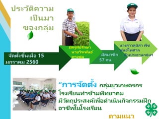 มีสมาชิก
57 คน
มีครูที่ปรึกษา
นายวีระพันธ ์
พวงพุ่ม
นางสาวสุนิสา พืช
พันธ ์ไพศาล
เป็ นประธานกลุ่มฯ
“การจัดตั้ง กลุ่มยุวเกษตรกร
โรงเรียนท่าข้ามพิทยาคม
มีวัตถุประสงค์เพื่อดาเนินกิจกรรมฝึ ก
อาชีพในโรงเรียน
ตามแนว
จัดตั้งขึ้นเมื่อ 15
มกราคม 2560
 