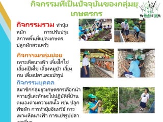 กิจกรรมรวม ทาปุ๋ ย
หมัก การปรับปรุง
สภาพพื้นที่แปลงเกษตร
ปลูกผักสวนครัว
กิจกรรมกลุ่มย่อย
เพาะเห็ดนางฟ้ า เลี้ยงไก่ไข่
เลี้ยงเป็ ดไข่ เลี้ยงหมูป่า เลี้ยง
กบ เลี้ยงปลาและแปรรูป
กิจกรรมบุคคล
สมาชิกกลุ่มยุวเกษตรกรเลือกนา
ความรู้และทักษะไปปฏิบัติที่บ้าน
ตนเองตามความสนใจ เช่น ปลูก
พืชผัก การทาปุ๋ ยอินทรีย์การ
เพาะเห็ดนางฟ้ า การแปรรูปปลา
 