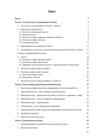 63
Зміст
Вступ 2
Розділ 1. Суспільство та гуманітарна політика 3
1. Суспільство та гуманітарна політика – цінності 3
2. Національна ідентичність 4
2.1. Політика національної пам’яті 4
2.2. Мовна політика 6
2.3. Політика у сфері державно-церковних відносин 8
2.4. Політика в сфері культури 9
2.5. Гендерна політика 12
3. Демографічна та міграційна політика 14
4. Громадянське суспільство, самоорганізація громадян, взаємодія з владою 15
5. Медіа та інформаційна політика 17
6. Освіта 18
6.1. Політика у сфері середньої освіти 18
6.2. Політика в сфері вищої освіти 21
6.3. Державна та регіональна політики у сфері середньої і вищої освіти 23
7. Політика у сфері охорони здоров’я 25
8. Політика у сфері спорту і молоді 27
8.1. Політика у сфері спорту 27
8.2. Молодіжна політика 28
9. Політика в галузі охорони природи та довкілля 29
Розділ 2. Інституційна організація публічної влади 31
1. Конституція, форма правління, референдуми, Конституційний Суд 31
2. Законодавча влада – партії, вибори, парламентаризм 32
3. Виконавча влада – формування політики, підзвітність, державна служба 34
4. Виконавча влада – послуги, цифрова трансформація 35
5. Виконавча влада – правопорядок 36
6. Судова влада – суди, прокуратура, адвокатура 38
7. Територіальний устрій, місцеве самоврядування й регіональна політика 39
8. Запобігання корупції 41
9. Освіта для публічної влади 42
Розділ 3. Економічна політика 44
1. Основні принципи економічної політики, бізнес-клімат 44
2. Бюджетна політика 49
 