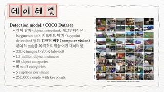 객체 탐지 (object detection), 세그먼테이션

(segmentation), 키포인트 탐지 (keypoint

detection) 등의 컴퓨터 비전(computer vision)

분야의 task를 목적으로 만들어진 데이터셋
330K images (>200K labeled)
1.5 million object instances
80 object categories
91 stuff categories
5 captions per image
250,000 people with keypoints
Detection model : COCO Dataset
 