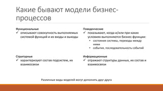 Какие бывают модели бизнес-
процессов
Функциональные
 описывают совокупность выполняемых
системой функций и их входы и выходы
Поведенческие
 показывают, когда и/или при каких
условиях выполняются бизнес-функции:
• состояния системы, переходы между
ними
• события, последовательность событий
Структурные
 характеризуют состав подсистем, их
взаимосвязи
Информационные
 отражают структуры данных, их состав и
взаимосвязи
Различные виды моделей могут дополнять друг друга
 