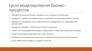 Цели моделирования бизнес-
процессов
 Определить результат бизнес-процесса и его значимость для бизнеса
 Определить набор и последовательность действий, составляющих бизнес-процесс
 Определить и разделить зоны ответственности сотрудников или подразделений
организации
 Определить ресурсы, потребляемые бизнес-процессом
 Понять суть взаимодействий между сотрудниками и подразделениями организации
 Увидеть ход движения документов в ходе процесса
 Определить потенциальные узкие места и возможности для улучшения процесса
 Более эффективно внедрить стандарты качества
 