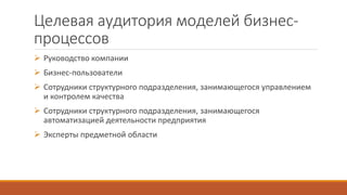 Целевая аудитория моделей бизнес-
процессов
 Руководство компании
 Бизнес-пользователи
 Сотрудники структурного подразделения, занимающегося управлением
и контролем качества
 Сотрудники структурного подразделения, занимающегося
автоматизацией деятельности предприятия
 Эксперты предметной области
 