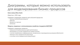 Диаграммы, которые можно использовать
для моделирования бизнес-процессов
Блок-схемы (flow chart)
Известны с 1921 года
Содержит следующие элементы для описания процессов:
◦ границы (начало/конец) процесса
◦ действия
◦ документы и данные
◦ ветвления
Модели, созданные с использованием семейства стандартов SADT/IDEF
Содержит следующие элементы:
◦ совокупность взаимосвязанных действий (Activities),
◦ реализуемых на основе определенных правил (Control),
◦ с учетом потребляемых информационных, человеческих и производственных ресурсов (Mechanism)
◦ имеющих четко определенный вход (Input)
◦ и не менее четко определенный выход (Output)
 