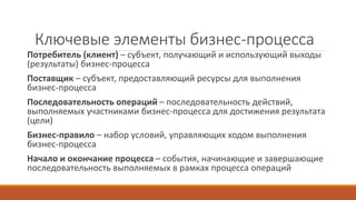 Ключевые элементы бизнес-процесса
Потребитель (клиент) – субъект, получающий и использующий выходы
(результаты) бизнес-процесса
Поставщик – субъект, предоставляющий ресурсы для выполнения
бизнес-процесса
Последовательность операций – последовательность действий,
выполняемых участниками бизнес-процесса для достижения результата
(цели)
Бизнес-правило – набор условий, управляющих ходом выполнения
бизнес-процесса
Начало и окончание процесса – события, начинающие и завершающие
последовательность выполняемых в рамках процесса операций
 