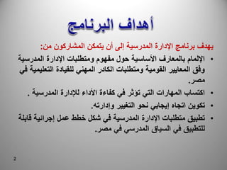 2
2
2
‫من‬ ‫المشاركون‬ ‫يتمكن‬ ‫أن‬ ‫إلى‬ ‫المدرسية‬ ‫اإلدارة‬ ‫برنامج‬ ‫يهدف‬
:
•
‫المدرسية‬ ‫اإلدارة‬ ‫ومتطلبات‬ ‫مفهوم‬ ‫حول‬ ‫األساسية‬ ‫بالمعارف‬ ‫اإللمام‬
‫التعليم‬ ‫للقيادة‬ ‫المهني‬ ‫الكادر‬ ‫ومتطلبات‬ ‫القومية‬ ‫المعايير‬ ‫وفق‬
‫في‬ ‫ية‬
‫مصر‬
.
•
‫المدرسية‬ ‫لإلدارة‬ ‫األداء‬ ‫كفاءة‬ ‫في‬ ‫تؤثر‬ ‫التي‬ ‫المهارات‬ ‫اكتساب‬
.
•
‫وإدارته‬ ‫التغيير‬ ‫نحو‬ ‫إيجابي‬ ‫اتجاه‬ ‫تكوين‬
.
•
‫قاب‬ ‫إجرائية‬ ‫عمل‬ ‫خطط‬ ‫شكل‬ ‫في‬ ‫المدرسية‬ ‫اإلدارة‬ ‫متطلبات‬ ‫تطبيق‬
‫لة‬
‫مصر‬ ‫في‬ ‫المدرسي‬ ‫السياق‬ ‫في‬ ‫للتطبيق‬
.
 