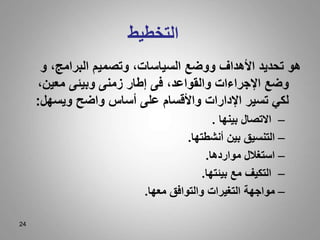 24
‫التخطيط‬
‫و‬ ،‫البرامج‬ ‫وتصميم‬ ،‫السياسات‬ ‫ووضع‬ ‫األهداف‬ ‫تحديد‬ ‫هو‬
،‫معين‬ ‫وبيئى‬ ‫زمنى‬ ‫إطار‬ ‫فى‬ ،‫والقواعد‬ ‫اإلجراءات‬ ‫وضع‬
‫ويسهل‬ ‫واضح‬ ‫أساس‬ ‫على‬ ‫واألقسام‬ ‫اإلدارات‬ ‫تسير‬ ‫لكي‬
:
–
‫بينها‬ ‫االتصال‬
.
–
‫أنشطتها‬ ‫بين‬ ‫التنسيق‬
.
–
‫مواردها‬ ‫استغالل‬
.
–
‫بيئتها‬ ‫مع‬ ‫التكيف‬
.
–
‫معها‬ ‫والتوافق‬ ‫التغيرات‬ ‫مواجهة‬
.
 