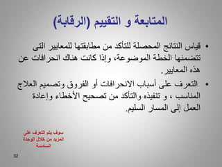 32
‫التقييم‬ ‫و‬ ‫المتابعة‬
(
‫الرقابة‬
)
•
‫للمعايي‬ ‫مطابقتها‬ ‫من‬ ‫للتأكد‬ ‫المحصلة‬ ‫النتائج‬ ‫قياس‬
‫التى‬ ‫ر‬
‫عن‬ ‫انحرافات‬ ‫هناك‬ ‫كانت‬ ‫وإذا‬ ،‫الموضوعة‬ ‫الخطة‬ ‫تتضمنها‬
‫المعايير‬ ‫هذه‬
.
•
‫ا‬ ‫وتصميم‬ ‫الفروق‬ ‫أو‬ ‫االنحرافات‬ ‫أسباب‬ ‫على‬ ‫التعرف‬
‫لعالج‬
‫وإعاد‬ ‫األخطاء‬ ‫تصحيح‬ ‫من‬ ‫والتأكد‬ ‫تنفيذه‬ ‫و‬ ، ‫المناسب‬
‫ة‬
‫السليم‬ ‫المسار‬ ‫إلى‬ ‫العمل‬
.
‫على‬ ‫التعرف‬ ‫يتم‬ ‫سوف‬
‫الوحدة‬ ‫خالل‬ ‫من‬ ‫المزيد‬
‫السادسة‬
 