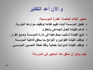 49
‫التفكير‬ ‫أعد‬ ‫اآلن‬ ‫و‬
‫الخاصة‬ ‫النقاء‬ ‫معايير‬
:
‫المؤسسية‬ ‫القدرة‬
:
•
‫البشرية‬ ‫مواردها‬ ‫توظيف‬ ‫كفاءة‬ ‫تقييم‬ ‫آليات‬ ‫المؤسسة‬ ‫تطبق‬
.
•
‫وتحفزه‬ ‫الجماعي‬ ‫العمل‬ ‫القيادة‬ ‫تدعم‬
.
•
‫ال‬ ‫وصنع‬ ‫المؤسسة‬ ‫إدارة‬ ‫في‬ ‫ديمقراطية‬ ‫أساليب‬ ‫القيادة‬ ‫تتبع‬
‫قرار‬
.
•
‫المؤسسة‬ ‫فاعلية‬ ‫يحقق‬ ‫بما‬ ‫اللوائح‬ ‫و‬ ‫القوانين‬ ‫القيادة‬ ‫توظف‬
.
•
‫المؤ‬ ‫التحسين‬ ‫لخطة‬ ‫ا‬ً‫ق‬‫وف‬ ‫بفعالية‬ ‫الميزانية‬ ‫القيادة‬ ‫توظف‬
‫سسي‬
.
‫نحقق‬ ‫أن‬ ‫يمكن‬ ‫كيف‬
‫المدرسة؟‬ ‫في‬ ‫المعايير‬ ‫هذه‬
 