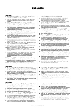 GLOBAL PEACE INDEX 2022 ­
| 98
SECTION 1
1	 Thailand – Events of 2020”, Human Rights Watch, https://www.hrw.
org/world-report/2021/country-chapters/thailand
2	 A Year On, No Justice for Myanmar Massacre”, Human Rights Watch,
https://www.hrw.org/news/2022/03/14/year-no-justice-myanmar-
massacre
3	 Ranking 2021 de las 50 ciudades más violentas del mundo”,
Seguridad, Justicia y Paz, http://www.seguridadjusticiaypaz.org.mx/
sala-de-prensa/1603-ranking-2021-de-las-50-ciudades-mas-violentas-
del-mundo
4	 Haiti President Jovenel Moise assassinated in attack on his residence”,
CNN, https://edition.cnn.com/2021/07/07/americas/haiti-president-
jovenel-moise-attack-intl/index.html
5	 Haiti Situation Report: Gang-related political violence and
kidnappings, January 2022”, ReliefWeb, https://reliefweb.int/report/
haiti/haiti-situation-report-gang-related-political-violence-and-
kidnappings-january-2022
6	 Greece boosts its defence budget because of the threat from Turkey”
Atalayar, https://atalayar.com/en/content/greece-boosts-its-defence-
budget-because-threat-turkey
7	 Updates: Russia’s invasion of Ukraine – reactions in Estonia”, Estonian
World, https://estonianworld.com/security/blog-russia-ukraine-crisis-a-
view-from-estonia/
8	 Yemen – Events of 2021”, Human Rights Watch, https://www.hrw.org/
world-report/2022/country-chapters/yemen#12ffb1
9	 Sudan – Events of 2021”, Human Rights Watch, https://www.hrw.org/
world-report/2022/country-chapters/sudan
10	 Number of coronavirus (COVID-19) cases worldwide as of May 16,
2022, by country” Statista, https://www.statista.com/
statistics/1043366/novel-coronavirus-2019ncov-cases-worldwide-by-
country/
11	 PIT-CNT preocupado por “brutal represión desmedida” de Policía a
trabajadores en protestas”, Montevideo Portal, https://www.
montevideo.com.uy/Noticias/PIT-CNT-preocupado-por-brutal-
represion-desmedida-de-Policia-a-trabajadores-en-protestas-
uc808056
12	 Peru – events of 2021”, Human Rights Watch, https://www.hrw.org/
world-report/2022/country-chapters/peru
13	 Is Peru becoming an ungovernable country?”, Financial Times, https://
www.ft.com/content/11851cab-864b-47fd-9802-699a6dbd0cbb
14	 Chile – Events of 2021”, Human Rights Watch, https://www.hrw.org/
world-report/2022/country-chapters/chile#2c9b66
15	 Hatred, bigotry and untruth – Communal violence grips India”, The
Guardian, https://www.theguardian.com/world/2022/apr/18/
hatred-bigotry-and-untruth-communal-violence-grips-india
16	 A Sixth Coup in Africa? The West Needs to Up Its Game”, US Institute
of Peace, https://www.usip.org/publications/2022/02/sixth-coup-
africa-west-needs-its-game
17	 Mauritians call on the government to resign in mass protest”, Africa
News, https://www.africanews.com/2021/02/13/mauritians-call-on-the-
government-to-resign-in-mass-protest//
18	 Coup in Burkina Faso as army confirms removal of president”, The
Guardian, https://www.theguardian.com/world/2022/jan/24/
burkina-faso-government-denies-coup-after-army-mutiny-and-gunfire-
near-presidents-home
19	 Global Terrorism Index 2022
20	Libya – Events of 2021”, Human Rights Watch, https://www.hrw.org/
world-report/2022/country-chapters/libya#d880dc
21	 Anti-Government protests in Egypt’s Giza amid tight security
presence”, Al Jazeera, https://www.aljazeera.com/news/2020/9/21/
anti-govt-protests-in-egypts-giza-amid-tight-security-presence
22	 Saudi Arabia – Events of 2021”, Human Rights Watch, https://www.hrw.
org/world-report/2022/country-chapters/saudi-arabia
23	 The post-Hirak presidency: Tebboune’s promises and achievements
two years on”, MEI@75 https://www.mei.edu/publications/post-hirak-
presidency-tebbounes-promises-and-achievements-two-years
24	Guinea – Events of 2021”, Human Rights Watch, https://www.hrw.org/
world-report/2022/country-chapters/guinea
25	 What caused the Coup in Burkina Faso”, Institute for Security Studies”,
https://issafrica.org/iss-today/what-caused-the-coup-in-burkina-faso
26	Nechepurenko, Ivan, “Faced with Foreign Pressure, Russians Rally
Around Putin, Poll Shows”, The New York times, 31 March 2022, https://
www.nytimes.com/2022/03/31/world/europe/putin-approval-rating-
russia.html
27	 More than 4,300 people arrested at anti-war protests across Russia”,
The Guardian, https://www.theguardian.com/world/2022/
mar/06/4300-people-arrested-anti-war-protests-across-russia-
decounce-vladimir-putin-war-ukraine
28	 Haiti – Events of 2021”, Human Rights Watch, https://www.hrw.org/
world-report/2022/country-chapters/haiti
ENDNOTES
SECTION 3
1.	 World military expenditure passes $2 trillion for first time”, Stockholm
International Peace Research institute, 25 April 2022, https://www.
sipri.org/media/press-release/2022/world-military-expenditure-passes-
2-trillion-first-time
2.	 Palestine and South Sudan are removed from this calculation
3.	 https://www.unhcr.org/refugee-statistics/ , accessed 10 March 2022
4.	 Stockholm International Peace Research Institute (SIPRI).
5.	 Krug, E. G., Mercy, J. A., Dahlberg, L. L., & Zwi, A. B. (2002). “The world
report on violence and health”, The Lancet, October 2002.
6.	 The economic cost of violence includes the direct and indirect costs.
7.	 Behera, Laxman, “Bigger, Not Necessarily Better: India’s Defence
Budget 2022-23”, Observer Research Foundation, 23 February 2022,
https://www.orfonline.org/research/bigger-not-necessarily-better/ .
8.	 This analysis includes only the expenditures by the private and the
public. The indicators included are the internal, private, small arms
and military expenditure. Therefore, the losses from incarceration are
not included.
9.	 FY22 List of Fragile and Conflict-affected Situations accessed
17/03/2022 from https://thedocs.worldbank.org/en/doc/bb52765f3815
6924d682486726f422d4-0090082021/original/FCSList-FY22.pdf
10.	McCollister, Kathryn E., Michael French and Hai Fung, ‘The Cost
of Crime to Society: New Crime-Specific Estimates for Policy and
Program Evaluation’, Drug and Alcohol Dependence, April 2010.
11.	 Dolan, Paul, and Tessa Peasgood, ‘Estimating the Economic and Social
Costs of the Fear of Crime’, The British Journal of Criminology, April
2006.
12.	Brauer, Jurgen, and John Tepper Marlin, ‘Defining Peace Industries
and Calculating the Potential Size of a Peace Gross World Product by
Country and by Economic Sector’, ResearchGate, May 2009.
SECTION 2
1.	 The Refugee Crisis, Brexit, and the Reframing of Immigration in
Britain”, EuropeNow, https://www.europenowjournal.org/2019/09/09/
the-refugee-crisis-brexit-and-the-reframing-of-immigration-in-britain/
2.	 Riots sought to cripple South African economy: Ramaphosa”, Al
Jazeera, 1 April 2022, https://www.aljazeera.com/news/2022/4/1/riots-
aimed-to-cripple-south-africa-ramaphosa
3.	 Kazakhstan Reports 225 Deaths In Days Of Violent Protests”, The Street
Journal, https://thestreetjournal.org/kazakhstan-reports-225-deaths-in-
days-of-violent-protests/
4.	 Kuku, Rebecca, “Police warn of ‘all-out war’ as tribal violence in Papua
New Guinea kills 19”, The Guardian, 12 April 2021.
5.	 Kopel, Elizabeth, “Why is Delta out of control in PNG?”, Asia & the
Pacific Policy Society, 15 November, 2021, https://www.policyforum.
net/why-is-delta-out-of-control-in-png/
6.	 Eswatini – The system is Broken”, Amnesty International, https://
www.amnesty.org/en/latest/campaigns/2021/11/eswatini-the-system-
is-broken/
7.	 Sri Lanka: 50 injured as protesters try to storm president’s house
amid economic crisis”, The Guardian, https://www.theguardian.com/
world/2022/apr/01/sri-lanka-protesters-try-to-storm-presidents-house-
as-economic-crisis-deepens
 
