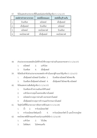 57. ข้อใดแสดงส่วนประกอบที่มีในเซลล์แต่ละชนิดได้ถูกต้อง (ว 1.2 ม.1/1)
เซลล์สาหร่ายหางกระรอก เซลล์เยื่อหอมแดง เซลล์เยื่อบุข้างแก้ม
1. นิวเคลียส ผนังเซลล์ เยื่อหุ้มเซลล์
2. เยื่อหุ้มเซลล์ นิวเคลียส ผนังเซลล์
3. ผนังเซลล์ คลอโรพลาสต์ นิวเคลียส
4. คลอโรพลาสต์ เยื่อหุ้มเซลล์ คลอโรพลาสต์
58. ส่วนประกอบของเซลล์ส่วนใดที่ทำหน้าที่ควบคุมการผ่านเข้าและออกของสาร (ว 1.2 ม.1/1)
1. ผนังเซลล์ 2. แวคิวโอล
3. นิวเคลียส 4. เยื่อหุ้มเซลล์
59. ข้อใดเรียงลำดับส่วนประกอบของเซลล์จากด้านในออกสู่ด้านนอกได้ถูกต้อง (ว 1.2 ม.1/1)
1. เยื่อหุ้มเซลล์ ผนังเซลล์ นิวเคลียส 2. นิวเคลียส ผนังเซลล์ ไซโทพลาซึม
3. นิวเคลียส เยื่อหุ้มเซลล์ ผนังเซลล์ 4. เยื่อหุ้มเซลล์ ไซโทพลาซึม ผนังเซลล์
60. ข้อใดแสดงความสัมพันธ์ถูกต้อง (ว 1.2 ม.1/1)
1. นิวเคลียส-สร้างความแข็งแรงให้กับเซลล์
2. แวคิวโอล-ควบคุมน้ำและของเสียภายในเซลล์
3. ผนังเซลล์-ควบคุมการผ่านเข้า-ออกของสารในเซลล์
4. เยื่อหุ้มเซลล์-ควบคุมการทำงานและกิจกรรมภายในเซลล์
61. วัตถุดิบใดที่ใช้ในกระบวนการสังเคราะห์ด้วยแสง (ว 1.2 ม.1/6)
1. น้ำ 2. คาร์บอนไดออกไซด์
3. คาร์บอนไดออกไซด์และน้ำ 4. คาร์บอนไดออกไซด์ น้ำ และน้ำตาลกลูโคส
62. คลอโรพลาสต์มีลักษณะคล้ายออร์แกเนลล์ชนิดใด (ว 1.2 ม.1/6)
1. แวคิวโอล 2. ไรโบโซม
3. ไลโซโซม4. ไมโทคอนเดรีย
 