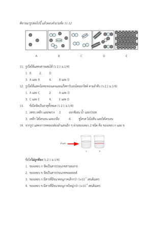 พิจารณารูปต่อไปนี้ แล้วตอบคำถามข้อ 11-12
A B C D E
11. รูปใดใช้แสดงสารผสมได้ (ว 2.1 ม.1/4)
1. B 2. D
3. A และ B 4. B และ D
12. รูปใดใช้แสดงโลหะทองแดงและแก๊สคาร์บอนไดออกไซด์ ตามลำดับ (ว 2.1 ม.1/4)
1. A และ C 2. A และ D
3. C และ E 4. E และ D
13. ข้อใดจัดเป็นธาตุทั้งหมด (ว 2.1 ม.1/4)
1. เพชร เหล็ก และพลวง 2. ออกซิเจน น้ำ และปรอท
3. เหล็ก ไฮโดรเจน และเกลือ 4. ซูโครส ไอโอดีน และไฮโดรเจน
14. จากรูป แสดงการทดลองส่องลำแสงเล็ก ๆ ผ่านของเหลว 2 ชนิด คือ ของเหลว ก และ ข
ข้อใดไม่ถูกต้อง (ว 2.1 ม.1/4)
1. ของเหลว ก จัดเป็นสารประเภทสารละลาย
2. ของเหลว ข จัดเป็นสารประเภทคอลลอยด์
3. ของเหลว ก มีสารที่มีขนาดอนุภาคเล็กกว่า 1×10–7
เซนติเมตร
4. ของเหลว ข มีสารที่มีขนาดอนุภาคใหญ่กว่า 1×10–4
เซนติเมตร
 