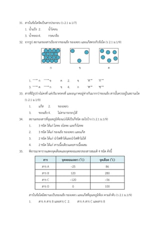 31. สารในข้อใดจัดเป็นสารประกอบ (ว 2.1 ม.1/7)
1. น้ำแป้ง 2. น้ำโคลน
3. น้ำคลอง4. กรดเกลือ
32. จากรูป สถานะของสารเรียงจากของแข็ง ของเหลว และแก๊สตรงกับข้อใด (ว 2.1 ม.1/9)
ก ข ค
1. ก ข ค 2. ข ค ก
3. ค ก ข 4. ก ค ข
33. สารที่มีรูปร่างไม่คงที่ แต่ปริมาตรคงที่ และอนุภาคอยู่ห่างกันมากกว่าของแข็ง สารนั้นควรอยู่ในสถานะใด
(ว 2.1 ม.1/9)
1. แก๊ส 2. ของเหลว
3. ของแข็ง 4. ไม่สามารถระบุได้
34. สถานะของสารที่อุณหภูมิห้องแบ่งได้เป็นกี่ชนิด อะไรบ้าง (ว 2.1 ม.1/9)
1. 3 ชนิด ได้แก่ โลหะ อโลหะ และกึ่งโลหะ
2. 3 ชนิด ได้แก่ ของแข็ง ของเหลว และแก๊ส
3. 2 ชนิด ได้แก่ นำไฟฟ้าได้และนำไฟฟ้าไม่ได้
4. 2 ชนิด ได้แก่ สารเนื้อเดียวและสารเนื้อผสม
35. พิจารณาตารางแสดงจุดเดือดและจุดหลอมเหลวของสารสมมติ 4 ชนิด ดังนี้
สาร จุดหลอมเหลว (o
C) จุดเดือด (o
C)
สาร A –25 86
สาร B 120 280
สาร C –120 –56
สาร D 0 100
สารในข้อใดมีสถานะเป็นของแข็ง ของเหลว และแก๊สที่อุณหภูมิห้อง ตามลำดับ (ว 2.1 ม.1/9)
1. สาร A สาร B และสาร C 2. สาร A สาร C และสาร B
 