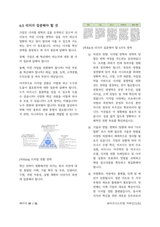 페이지 47 / 51 ©비즈니스모델 거버넌스(유)
6.5 리더가 집중해야 할 것
기업은 디지털 변혁의 길을 모색하고 있으며 리
더로서 어떤 디지털 변혁의 길을 가야 하는지
명확히 하고 팀이 합의에 이를 수 있도록 지도
하는 것이 더 중요합니다. 리더는 디지털 혁신
전략을 결정하고 세 가지 질문에 답해야 합니다.
첫째, 기업은 왜 혁신해야 하는지에 대한 몇 가
지 질문에 답해야 합니다
둘째, 어떤 사업을 전환해야 합니까? 어떤 부문
을 혁신해야 합니까? 채널, 상품, 능력, 고객경험,
수익모델 등 여러 부문이 대상입니다.
마지막으로 디지털 전환은 어떻게 하고 누구의
도움이 필요한지에 대한 질문에 답해야 합니다.
누가 비즈니스 통찰력을 얻을 수 있도록 도울
수 있습니까? 다양한 핵심 자원을 어떻게 하나
로 모을 수 있습니까? 고객 참여는 어떻습니까?
누가 변화에 참여해야 합니까? 목표를 달성하기
위해 어떤 종류의 생태 동맹이 필요합니까? 누
가 전략, 이니셔티브 및 KPI를 개발할 것 입니까?
[자료6-6] 디지털 전환 전략
혁신 전략이 명확해지면 리더는 회사 비전에 대
한 통합된 이해, 기술 획득 및 보유, 인센티브
구현, 자원 가용성, 실행 계획의 다섯가지 측면
에 집중해야 합니다.
[자료6-7] 리더가 집중해야 할 5가지 영역
1) 비전과 방향: 디지털 변혁의 전략적 방
향은 변혁 여정을 주도하는 운전대입니
다. 조치를 취하기 전에 목적지를 명확
하게 정의해야 합니다. 목표와 방향을
설정함에 있어 목표 시나리오를 최대한
명확히 하고, 시장, 고객 세분화, 사업영
역을 기반으로 디지털 경쟁력을 위한
선도 전략을 결정하는 것이 필요합니다.
전통적인 경쟁력은 운영 우수성, 상품
리더십, 고객 친밀도 및 자체 혁신에 반
영됩니다. 디지털 시대에는 프로세스와
자원의 측면에서 운영의 우수성 뿐만
아니라 정보의 우수성도 확보되어야 합
니다. 이것들은 더 명확해질 필요가 있
습니다. 길을 잃지 않도록 명확하고 구
체적인 전환 목표를 확인하십시오.
2) 기술과 방법: 변혁의 방향에 따라 “디지
털화” 되기 위해 필요한 기술과 방법을
다양한 차원에서 체계적으로 정리할 필
요가 있습니다. 기업의 상황에 따라 비
즈니스 모델 혁신, 비즈니스 동적 수요
실현, 비즈니스 아키텍처 및 비즈니스
모델, 디지털 전환 프레임워크 및 디지
털 실현의 초점에서 방법을 선택하고
해당 알고리즘을 획득하고 현실화해야
합니다.
3) 자원확보: 자원에는 플랫폼, 인재 및 예
산이 포함됩니다. 생존 키트로 두 가지
유형의 새로운 플랫폼이 필요합니다. 첫
번째는 미래 기업의 새로운 핵심이기도
한 디지털 경험 플랫폼입니다. 동시에
지식과 혁신을 위한 새로운 인프라로서
 