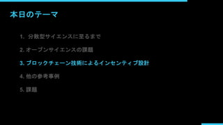 本日のテーマ
1. 分散型サイエンスに至るまで
2. オープンサイエンスの課題
3. ブロックチェーン技術によるインセンティブ設計
4. 他の参考事例
5. 課題
 