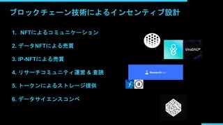 ブロックチェーン技術によるインセンティブ設計
1. NFTによるコミュニケーション
2. データNFTによる売買
3. IP-NFTによる売買
4. リサーチコミュニティ運営 & 査読
5. トークンによるストレージ提供
6. データサイエンスコンペ
 