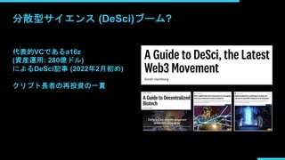 分散型サイエンス (DeSci)ブーム?
代表的VCであるa16z
(資産運用: 280億ドル)
によるDeSci記事 (2022年2月初め)
クリプト長者の再投資の一貫
 
