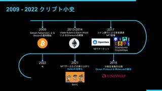 2009 - 2022 クリプト小史
2009
Satoshi Nakamotoによる
Bitcoinの運用開始
2013-2014
Vitalik ButerinとGavin Wood
によるEthereumの開発
2017
コイン発行による資金調達
NFT登場
Cryptopunks
CryptoKitties
NFTマーケット
2018
2021
2022
分散型金融の出現
Ocean Protocol & Moleculeの誕生
NFTゲームなどの盛り上がり
DeSciの活発化
今
BAYC
 