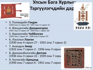 Улсын Бага Хурлын
Тэргүүлэгчдийн дарга
• 3. Пэлжидийн Гэндэн
(1924 оны 11 сарын 29 - 1927 оны 11 сарын 15
• 4. Жанцангийн Дамдинсүрэн
(1927 оны 11 сарын 16 - 1929 оны 1 сарын 23)
• 5. Хорлоогийн Чойбалсан
(1929 оны 1 сарын 24 - 1930 оны 4 сарын 27)
• 6. Лосолын Лааган
(1930 оны 4 сарын 27 - 1932 оны 7 сарын 2)
• 7. Анандын Амар
(1932 оны 7 сарын 2 - 1936 оны 3 сарын 22)
• 8. Дансранбилэгийн Догсом
(1936 оны 3 сарын 22 - 1939 оны 7 сарын 9)
• 9. Гончигийн Бумцэнд
(1940 оны 7 сарын 6 - 1951 оны 7 сарын 6)
 