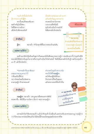 เอกสารประกอบการเรียนการสอนวิชาภาษาไทย 5 ท33101 เรื่อง เสภาเรื่อง ขุนช้างขุนแผน ตอนขุนช้างถวายฎีกา ครูจันทิภา กบิลโรจน์ ๓๐
*ขุนช้างดึงดื้อมือยึดเรือ มิใช่เสือกระหม่อมฉานล้านเกศา
สู้ตายของถวายซึ่งฎีกา แค้นเหลือปัญญาจะทนทาน
ครานั้นสมเด็จพระพันวษา ทรงพระโกรธาโกลาหล
ทุดอ้ายจัญไรมิใช่คน บนบกบนฝั่งดังไม่มี
ใช่ที่ใช่ทางวางเข้ามา ฤาอ้ายช้างเป็นบ้ากระมังนี่
เฮ้ยใครรับฟ้องของมันที ตีเสียสามสิบจึงปล่อยไป
ฎีกา หมายถึง คำร้องทุกข์ที่ยื่นถวายพระเจ้าแผ่นดิน
ขุนช้างเอามือไปยึดเรือแล้วพูดว่าเป็นตนเองไม่ใช่เสือจะมาขอถวายฎีกา พระพันวษากริ้วว่าขุนช้างมิใช่
คนบนฝั่งก็มีไม่ไปกลับลุยน้ำมาหาหรือว่าขุนช้างเป็นบ้าถึงทำเช่นนี้ จึงสั่งให้มหาดเล็กไปรับฎีกาแล้วโบยขุนช้าง
๓๐ ที แล้วจึงปล่อยไป
**มหาดเล็กก็รับเอาฟ้องมา ตำรวจคว้าขุนช้างหางวางไม่
ลงพระราชอาญาตามว่าไว้ พระจึงให้ตั้งกฤษฎีกา
ว่าตั้งแต่วันนี้สืบไป หน้าที่ของผู้ใดให้รักษา
ระวางโทษเบ็ดเสร็จเจ็ดสถาน ถึงประหารชีวิตเป็นผุยผง
ตามกฤษฎีการักษาพระองค์ แล้วลงจากพระที่นั่งเข้าวังใน
กฤษฏีกา หมายถึง บทกฎหมายซึ่งพระมหากษัตริย์
ทรงตราขึ้น เพื่อใช้ในการบริหาร เรียกว่า พระราชกฤษฎีกา
มหาดเล็กรับคำฟ้องของขุนช้าง แล้วนำตัวขุนช้างไปเฆี่ยนตี และพระพันวษาทรงออกกฎ (กฤษฎีกา)
ว่า ถ้าใครประมาทปล่อยให้คนเข้ามาได้เช่นนี้อีกจะลงโทษสูงสุดถึงประหารชีวิต
พิโรธวาทัง
คำศัพท์
ถอดความได้ว่า
คำศัพท์
ถอดความได้ว่า
* หมายเหตุ
คำประพันธ์นี้สะท้อนภาพ
การถวายฎีการ้องทุกข์
ของคนไทยในอดีต
 