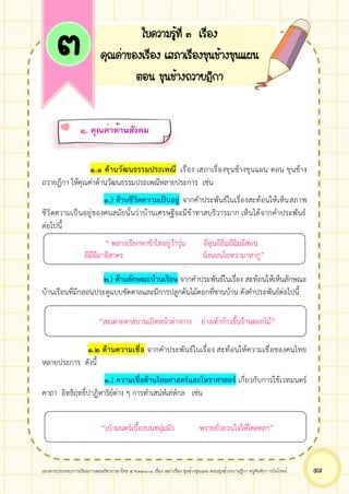 เอกสารประกอบการเรียนการสอนวิชาภาษาไทย 5 ท33101 เรื่อง เสภาเรื่อง ขุนช้างขุนแผน ตอนขุนช้างถวายฎีกา ครูจันทิภา กบิลโรจน์ ๔๘
๑.๑ ด้านวัฒนธรรมประเพณี เรื่อง เสภาเรื่องขุนช้างขุนแผน ตอน ขุนช้าง
ถวายฎีกา ให้คุณค่าด้านวัฒนธรรมประเพณีหลายประการ เช่น
๑.) ด้านชีวิตความเป็นอยู่ จากคำประพันธ์ในเรื่องสะท้อนให้เห็นสภาพ
ชีวิตความเป็นอยู่ของคนสมัยนั้นว่าบ้านเศรษฐีจะมีข้าทาสบริวารมาก เห็นได้จากคำประพันธ์
ต่อไปนี้
“ พลางเรียกหาข้าไทอยู่ว้าวุ่น อีอุ่นอีอิ่มอีฉิมอีสอน
อีมีอีมาอีสาคร นิ่งนอนไยหวามาหากู”
๒.) ด้านลักษณะบ้านเรือน จากคำประพันธ์ในเรื่อง สะท้อนให้เห็นลักษณะ
บ้านเรือนที่มีกลอนประตูแบบขัดดาลและมีการปลูกต้นไม้ดอกที่ชานบ้าน ดังคำประพันธ์ต่อไปนี้
“สะเดาะดาลบานเปิดหน้าต่างกาง ย่างเท้าก้าวขึ้นร้านดอกไม้”
๑.๒ ด้านความเชื่อ จากคำประพันธ์ในเรื่อง สะท้อนให้ความเชื่อของคนไทย
หลายประการ ดังนี้
๑.) ความเชื่อด้านไสยศาสตร์และโหราศาสตร์ เกี่ยวกับการใช้เวทมนตร์
คาถา อิทธิฤทธิ์ปาฏิหาริย์ต่าง ๆ การทำเสน่ห์เล่ห์กล เช่น
“เป่ามนตร์เบื้องบนชอุ่มมัว พรายยั่วยวนใจให้ไคลคลา”
ใบความรู้ที่ ๓ เรื่อง
คุณค่าของเรื่อง เสภาเรื่องขุนช้างขุนแผน
ตอน ขุนช้างถวายฎีกา
๓
๑. คุณค่าด้านสังคม
 