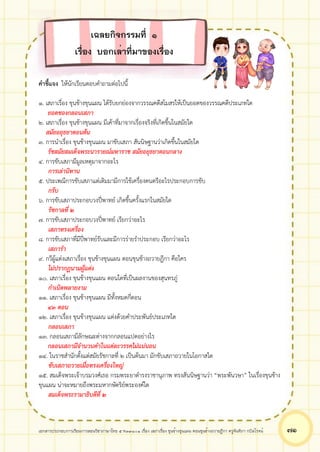 เอกสารประกอบการเรียนการสอนวิชาภาษาไทย 5 ท33101 เรื่อง เสภาเรื่อง ขุนช้างขุนแผน ตอนขุนช้างถวายฎีกา ครูจันทิภา กบิลโรจน์ ๗๑
คำชี้แจง ให้นักเรียนตอบคำถามต่อไปนี้
1. เสภาเรื่อง ขุนช้างขุนแผน ได้รับยกย่องจากวรรณคดีสโมสรให้เป็นยอดของวรรณคดีประเภทใด
ยอดของกลอนเสภา
2. เสภาเรื่อง ขุนช้างขุนแผน มีเค้าที่มาจากเรื่องจริงที่เกิดขึ้นในสมัยใด
สมัยอยุธยาตอนต้น
3. การนำเรื่อง ขุนช้างขุนแผน มาขับเสภา สันนิษฐานว่าเกิดขึ้นในสมัยใด
รัชสมัยสมเด็จพระนารายณ์มหาราช สมัยอยุธยาตอนกลาง
4. การขับเสภามีมูลเหตุมาจากอะไร
การเล่านิทาน
5. ประเพณีการขับเสภาแต่เดิมมามีการใช้เครื่องดนตรีอะไรประกอบการขับ
กรับ
6. การขับเสภาประกอบวงปี่พาทย์ เกิดขึ้นครั้งแรกในสมัยใด
รัชกาลที่ 2
7. การขับเสภาประกอบวงปี่พาทย์ เรียกว่าอะไร
เสภาทรงเครื่อง
8. การขับเสภาที่มีปี่พาทย์รับและมีการร่ายรำประกอบ เรียกว่าอะไร
เสภารำ
9. กวีผู้แต่งเสภาเรื่อง ขุนช้างขุนแผน ตอนขุนช้างถวายฎีกา คือใคร
ไม่ปรากฏนามผู้แต่ง
10. เสภาเรื่อง ขุนช้างขุนแผน ตอนใดที่เป็นผลงานของสุนทรภู่
กำเนิดพลายงาม
11. เสภาเรื่อง ขุนช้างขุนแผน มีทั้งหมดกี่ตอน
43 ตอน
12. เสภาเรื่อง ขุนช้างขุนแผน แต่งด้วยคำประพันธ์ประเภทใด
กลอนเสภา
13. กลอนเสภามีลักษณะต่างจากกลอนแปดอย่างไร
กลอนเสภามีจำนวนคำในแต่ละวรรคไม่แน่นอน
14. ในราชสำนักตั้งแต่สมัยรัชกาลที่ 2 เป็นต้นมา มักขับเสภาถวายในโอกาสใด
ขับเสภาถวายเมื่อทรงเครื่องใหญ่
15. สมเด็จพระเจ้าบรมวงศ์เธอ กรมพระยาดำรงราชานุภาพ ทรงสันนิษฐานว่า “พระพันวษา” ในเรื่องขุนช้าง
ขุนแผน น่าจะหมายถึงพระมหากษัตริย์พระองค์ใด
สมเด็จพระรามาธิบดีที่ 2
เฉลยกิจกรรมที่ ๑
เรื่อง บอกเล่าที่มาของเรื่อง
 