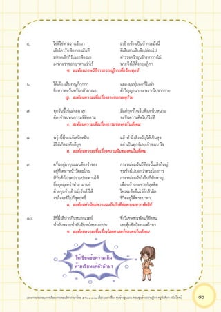เอกสารประกอบการเรียนการสอนวิชาภาษาไทย 5 ท33101 เรื่อง เสภาเรื่อง ขุนช้างขุนแผน ตอนขุนช้างถวายฎีกา ครูจันทิภา กบิลโรจน์ ๘๐
๕. ใช่ที่ใช่ทางวางเข้ามา ฤาอ้ายช้างเป็นบ้ากระมังนี่
เฮ้ยใครรับฟ้องของมันที ตีเสียสามสิบจึงปล่อยไป
มหาดเล็กก็รับเอาฟ้องมา ตำรวจคว้าขุนช้างหาวางไม่
ลงพระราชอาญาตามว่าไว้ พระจึงให้ตั้งกฤษฎีกา
ซ. สะท้อนภาพวิธีการถวายฎีกาเพื่อร้องทุกข์
๖. ใต้เตียงเสียงหนูก็กุกกก แมลงมุมทุ่มอกที่ริมฝา
ยิ่งหวาดหวั่นพรั่นกลัวมรณา ดังวิญญานางจะพรากไปจากกาย
ญ. สะท้อนความเชื่อเรื่องลางบอกเหตุร้าย
๗ ทุกวันนี้ใช่แม่จะผาสุก มีแต่ทุกข์ใจเจ็บดังเหน็บหนาม
ต้องจำจนทนกรรมที่ติดตาม จะขืนความคิดไปก็ใช่ที
ง. สะท้อนความเชื่อเรื่องกรรมของคนในสังคม
๘. พรุ่งนี้พี่จะแก้เสนียดฝัน แล้วทำมิ่งสิ่งขวัญให้เป็นสุข
มิให้เกิดราคีกลียุค อย่าเป็นทุกข์เลยเจ้าจงเบาใจ
ค. สะท้อนความเชื่อเรื่องความฝันของคนในสังคม
๙. ครั้นอยู่มาขุนแผนต้องจำจอง กระหม่อมฉันมีท้องนั้นเติบใหญ่
อยู่ที่เคหาหน้าวัดตะไกร ขุนช้างไปบอกว่าพระโองการ
มีรับสั่งโปรดปรานประทานให้ กระหม่อมฉันไม่ไปก็หักหาญ
ยื้อยุดฉุดคร่าทำสามานย์ เพื่อนบ้านจะช่วยก็สุดคิด
ด้วยขุนช้างอ้างว่ารับสั่งให้ ใครจะขัดขืนไว้ก็กลัวผิด
จนใจจะมิไปก็สุดฤทธิ์ ชีวิตอยู่ใต้พระบาทา
ฉ. สะท้อนค่านิยมความจงรักภักดีต่อพระมหากษัตริย์
๑๐. สีขี้ผึ้งสีปากกินหมากเวทย์ ซึ่งวิเศษสารพัดแก้ขัดสน
น้ำมันพรายน้ำมันจันทน์สรรเสกปน เคยคุ้มขังบังตนแต่ไรมา
ข. สะท้อนความเชื่อเรื่องไสยศาสตร์ของคนในสังคม
ให้เขียนข้อความเต็ม
ห้ามเขียนแค่ตัวอักษร
 
