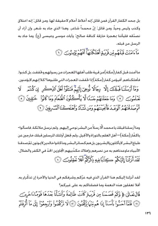 136
‫اختالق‬ ‫إنه‬ :‫قائل‬ ‫ومن‬ ،‫لها‬ ‫الحقيقة‬ ‫أحالم‬ ‫أخالط‬ ‫إنه‬:‫قائل‬ ‫فمن‬ ‫القرآن‬ ‫الكفار‬ ‫جحد‬ ‫بل‬
‫أن‬ ‫أراد‬ ‫وإن‬ ،‫شعر‬ ‫به‬ ‫جاء‬ ‫الذي‬ ‫وهذا‬ .‫شاعر‬ ً‫ا‬‫محمد‬ ّ‫ن‬‫إ‬ :‫قائل‬ ‫ومن‬ ،ً‫ا‬‫وحي‬ ‫وليس‬ ‫وكذب‬
‫به‬ ‫جاء‬ ‫وما‬ ،)‫(ع‬ ‫وعيسى‬ ‫موسى‬ ‫وآيات‬ :‫صالح‬ ‫كناقة‬ ‫خارقة‬ ‫مبعجزة‬ ‫فليأتنا‬ ‫قه‬ّ‫نصد‬
.‫قبله‬ ‫من‬ ‫الرسل‬
‫ﮛ‬ ‫ﮚ‬‫ﮙ‬‫ﮘ‬‫ﮗ‬‫ﮖ‬‫ﮕ‬‫ﮔ‬‫ﮓ‬‫ﮒ‬
،‫كذبوا‬‫بل‬،‫وحتققت‬‫رسولهم‬‫من‬‫املعجزات‬‫أهلها‬‫طلب‬‫قرية‬‫من‬)‫(مكة‬‫كفار‬‫قبل‬‫آمنت‬‫ما‬
.‫اليؤمنون‬‫إنهم‬‫كال‬‫طلبوها؟‬‫التي‬‫املعجزات‬‫حتققت‬‫إذا‬)‫(مكة‬‫كفار‬‫أفيؤمن‬،‫فأهلكناهم‬
‫ﮩ‬ ‫ﮨ‬‫ﮧ‬ ‫ﮦ‬ ‫ﮥ‬‫ﮤ‬ ‫ﮣ‬‫ﮢ‬‫ﮡ‬‫ﮠ‬ ‫ﮟ‬‫ﮞ‬‫ﮝ‬‫ﮜ‬
‫ﯖ‬‫ﯕ‬ ‫ﯔ‬‫ﯓ‬‫ﮱ‬‫ﮰ‬ ‫ﮯ‬ ‫ﮮ‬‫ﮭ‬‫ﮬ‬‫ﮫ‬‫ﮪ‬
‫ﯟ‬‫ﯞ‬‫ﯝ‬‫ﯜ‬‫ﯛ‬‫ﯚ‬‫ﯙ‬‫ﯘ‬‫ﯗ‬
-‫فاسألوا‬،‫مالئكة‬‫نرسل‬‫ولم‬،‫إليهم‬‫نوحي‬‫البشر‬‫من‬ً‫ال‬‫رس‬ َّ‫لا‬‫أ‬‫محمد‬‫يا‬‫قبلك‬‫أرسلنا‬‫وما‬
‫عن‬‫خارجني‬‫قبلك‬‫املرسلني‬‫أولئك‬‫جنعل‬‫ولم‬.‫واألجنيل‬‫بالتوراة‬‫العلم‬‫أهل‬–)‫(مكة‬‫ار‬ّ‫ياكف‬
‫صدقنا‬ ّ‫ثم‬،‫الميوتون‬‫خالدين‬‫كانوا‬‫وما‬،‫البشر‬‫كسائر‬‫هم‬‫بل‬،‫واليشربون‬‫اليأكلون‬،‫البشر‬‫طباع‬
.‫والضالل‬ ‫الكفر‬ ‫في‬ ّ‫احلد‬ ‫اجملاوزين‬ ‫بيهم‬ّ‫مكذ‬ ‫وإهالك‬ ‫نصرهم‬ ‫من‬ ‫به‬ ‫ماوعدناهم‬ ‫األنبياء‬
‫ﯩ‬‫ﯨ‬‫ﯧ‬‫ﯦ‬‫ﯥ‬‫ﯤ‬‫ﯣ‬ ‫ﯢ‬ ‫ﯡ‬‫ﯠ‬
،‫به‬ ‫رمت‬ّ‫تذك‬ ‫إن‬ ‫واآلخرة‬ ‫الدنيا‬ ‫في‬ ‫وشرفكم‬ ‫كم‬ّ‫ز‬‫ع‬ ‫فيه‬ ‫الذي‬ ‫القرآن‬ ‫هذا‬ ‫إليكم‬ ‫أنزلنا‬ ‫لقد‬
‫غيركم؟‬ ‫على‬ ‫به‬ ‫فضلناكم‬ ‫وما‬ ‫النعمة‬ ‫هذه‬ ‫تعقلون‬ ‫أفال‬
‫ﭚ‬‫ﭙ‬‫ﭘ‬‫ﭗ‬‫ﭖ‬ ‫ﭕ‬‫ﭔ‬‫ﭓ‬‫ﭒ‬‫ﭑ‬‫ﱫ‬‫ﭨ‬‫ﭧ‬
‫ﭩ‬‫ﭨ‬‫ﭧ‬‫ﭦ‬‫ﭥ‬‫ﭤ‬‫ﭣ‬‫ﭢ‬‫ﭡ‬‫ﭠ‬‫ﭟ‬‫ﭞ‬‫ﭝ‬‫ﭜ‬‫ﭛ‬
 