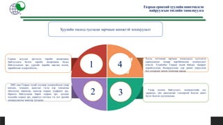 Газрын ерөнхий хуулийн шинэчилсэн
найруулгын төслийн танилцуулга
Хуулийн төсөлд тусгасан зарчмын шинжтэй зохицуулалт
Газрын асуудал эрхэлсэн төрийн захиргааны
байгууллага болон төрийн захиргааны бусад
байгууллагын эрх, үүргийг нарийн зааглан ялгаж,
нарийвчлан тодорхойлсон.;
2002 оны Газрын тухай хуулиар тодорхойлсон газар
өмчлөх, эзэмших, ашиглах гэсэн нэр томъёоны
ойлголтыг өөрчилж, шинээр газрын узуфрукт эрх,
барилга байгууламж барих газрын эрх, дундын
мэдлийн газрын эрх, сервитут тогтоох гэх мэт эрхийн
зохицуулалтыг шинээр тусгасан.
Хууль тогтоомж зөрчсөн тохиолдолд хүлээлгэх
хариуцлагын талаар нартйвчилсан зохицуулалт
нэмсэн. Тухайлбал Газрын төлөв байдал, чанарыг
доройтуулсан, бохирдуулсан, хор уршиг учруулсан
бол хохирлыг нөхөн төлөхөөр заасан.
Газар зохион байгуулалт, төлөвлөлтийн дэс
дараалал, үйл ажиллагааг тлплорхой болгон шинэ
бүлэг болгон хуульчилсан..
1
2 3
4
 