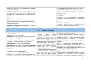 23
літературний образ (або твір) з образами (або творами)
інших видів мистецтва;
пояснює функції основних складників цифрового твору
(заголовка, змісту, анотації тощо) та використовує
заголовок, зміст та анотацію для оптимізації роботи з
текстом.
3) Письмо:
складає тези до опрацьованого навчального матеріалу
за допомоги ключових слів (під керівництвом вчителя).
4) Мова та мовлення:
порівнює та зіставляє окремі мовні явища в художніх
творах та медіатекстах.
б) порівняння літературного образу (або твору) з
образами (або творами) інших видів мистецтва ;
завдання на практичне використання складників
цифрового тексту.
3) Письмо:
складання тез до опрацьованого навчального
матеріалу за ключовими словами (під керівництвом
учителя).
4) Мова та мовлення:
зіставлення окремих мовних явищ у порівнюваних
художніх та науково-популярних текстах.
ТЕМА 1. БІБЛІЙНІ ПЕРЕКАЗИ
Учень / учениця:
1) Сприйняття та комунікація
уважно слухає окремі біблійні перекази та відповідну
науково-популярну інформацію;
самостійно визначає і занотовує ключові слова та фрази
в почутому й відтворює за ними зміст матеріалу;
розрізняє відому й нову для себе інформацію;
логічно структурує власне повідомлення, добираючи
стиль мовлення відповідно до мети, потреб й умов
спілкування;
2) Читання, аналіз, інтерпретація:
виразно читає та переказує біблійні перекази
відповідно до поставлених завдань; знаходить у них
Біблійні «вічні образи».
Засудження братовбивства в історії
про Каїна та Авеля. Новий початок
земної історії в оповіді про Ноя та
Великий потоп. Біблійне пояснення
виникнення різних мов у сюжеті про
вавилонську вежу. Підступність і
зрада в історії Самсона та Даліли.
Руйнівні сили людської душі та
відповідальність за порушення
моральних законів буття.
Євангельські оповіді про Христа та
його притчі. Розп’яття і Воскресіння
Христа. Повчальний зміст та система
образів притчі про сівача. Цінність
прощення в притчі про блудного сина;
1) Сприйняття та комунікація
аудіювання окремих біблійних переказів і науково-
популярної інформації з визначенням ключових слів;
відтворення змісту з їхньою допомогою; пошук
науково-популярних коментарів до біблійних
переказів в інтернет-мережі (під керівництвом
учителя);
бесіда з актуалізацією попередніх знань та
обговорення нової інформації; розгорнутий, логічно
структурований, обґрунтований прикладами й
відповідно стилістично оформлений виступ щодо
тематики окремих біблійних переказів.
2) Читання, аналіз, інтерпретація:
читання (виразне, коментоване, вибіркове) і переказ
(вибірковий, поглиблений) змісту біблійних
переказів та науково-популярного тексту (з
 