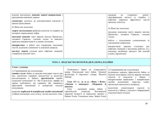 28
власних висловлень; пояснює окремі виправлення з
урахуванням вивчених правил;
демонструє здатність до конструктивної взаємодії в
процесі редагування.
4) Мова та мовлення:
творче застосування прийомів антитези та гіпербол на
матеріалі опрацьованих міфів;
письмово пояснює зміст виразів «вогонь Прометея»,
«подвиги Геракла», «люлька згоди» та наводить
приклади використання їх в певних ситуаціях;
використовує в роботі над створенням письмових
текстів додаткові словникові та довідкові джерела;
наслідує окремі стильові риси міфічних оповідей,
створюючи власний текст.
завдання на створення / заміну /
трансформацію антитез та гіпербол у
міфічних переказах (фрагменти текстів
пропонує вчитель).
4) Мова та мовлення:
письмове пояснення змісту виразів «вогонь
Прометея», «подвиги Геракла», «люлька
згоди»;
робота з додатковими словниковими та
довідковими джерелами;
використання окремих стильових рис
міфічних оповідей у письмових роботах та у
власному медійному продукті або власній
(слайд-) презентації.
ТЕМА 3. ЛЮДСЬКІ ЧЕСНОТИ Й ВАДИ В ДЗЕРКАЛІ БАЙКИ
Учень / учениця:
1) Сприйняття та комунікація
уважно слухає байки та науково-популярні тексти про
них, аналітично сприймає монологічні та діалогічні
висловлювання в байках, прогнозуючи перебіг
подальшої комунікації та / або її результат; указує на
окремі особливості, що сприяють або заважають
ефективній комунікації в конкретній ситуації
спілкування;
розрізняє вербальні й невербальні засоби комунікації
у байках (інтонацію, силу голосу, логічні наголоси, темп,
Особливості байки як літературного
жанру. Повчальний зміст байок. Традиції
фольклору й народного гумору. Видатні
байкарі.
Езоп (VІ ст. до н. е.). «Вовк і Ягня».
«Лисиця і виноград». «Мурашки й
цикада».
Езоп – засновник жанру байки у
європейській літературі. Відтворення
народної мудрості та моральних законів у
байках Езопа. Езопівська мова. Байки Езопа
1) Сприйняття та комунікація
аудіювання окремих (фрагментів) байок та
науково-популярних текстів; виразне читання
діалогів та монологів у байках з
використанням вербальних і невербальних
засобів комунікації; перегляд слайд-
презентації навчального матеріалу;
аналітичне коментування діалогів та
монологів у байках у контексті зображуваної
комунікативної ситуації.
 