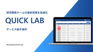 QUICK LAB
サービス紹介資料
株式会社QUICKLAB
研究開発チームの進捗管理を高速化
 