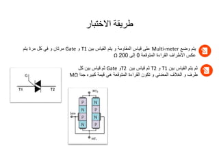 ‫االختبار‬ ‫طريقة‬
‫وضع‬ ‫يتم‬
Multi-meter
‫بين‬ ‫القياس‬ ‫يتم‬ ‫و‬ ‫المقاومة‬ ‫قياس‬ ‫على‬
T1
‫و‬
Gate
‫يتم‬ ‫مرة‬ ‫كل‬ ‫في‬ ‫و‬ ‫مرتان‬
‫المتوقعة‬ ‫القراءة‬ ‫األطراف‬ ‫عكس‬
0
‫إلى‬
200
Ω
‫بين‬ ‫القياس‬ ‫يتم‬ ‫ثم‬
T1
‫و‬
T2
‫بين‬ ‫قياس‬ ‫ثم‬
T2
‫و‬
Gate
‫كل‬ ‫بين‬ ‫قياس‬ ‫ثم‬
‫و‬ ‫طرف‬
‫جدا‬ ‫كبيره‬ ‫قيمة‬ ‫هي‬ ‫المتوقعة‬ ‫القراءة‬ ‫تكون‬ ‫و‬ ‫المعدني‬ ‫الغالف‬
MΩ
 