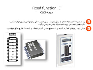 IC
Fixed function
‫ثابته‬ ‫مهمه‬
‫تغيرها‬ ‫يمكن‬ ‫ال‬ ‫و‬ ‫ثابته‬ ‫وظيفه‬ ‫الداء‬ ‫تصنيعها‬ ‫يتم‬
.
‫الر‬ ‫طريق‬ ‫عن‬ ‫وظيفتها‬ ‫على‬ ‫التعرف‬ ‫يمكن‬
‫المكتوب‬ ‫قم‬
‫عليها‬
.
‫وظيفتها‬ ‫ليخفى‬ ‫به‬ ‫خاص‬ ‫رقم‬ ‫باعطاء‬ ‫يقوم‬ ‫المصنعين‬ ‫بعض‬
‫جهاز‬
IC Test
‫فقط‬ ‫يختبر‬
IC
‫نطاح‬ ‫خارج‬ ‫المصنعة‬ ‫او‬ ‫المعقدة‬ ‫الدوائر‬ ‫اختبار‬ ‫يستطيع‬ ‫ال‬ ‫و‬ ‫البسيط‬
stander
 