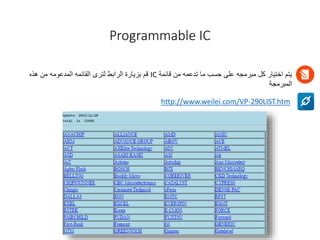 Programmable IC
‫قائمة‬ ‫من‬ ‫تدعمه‬ ‫ما‬ ‫حسب‬ ‫على‬ ‫مبرمجه‬ ‫كل‬ ‫اختيار‬ ‫يتم‬
IC
‫هذه‬ ‫من‬ ‫المدعومه‬ ‫القائمه‬ ‫لترى‬ ‫الرابط‬ ‫بزيارة‬ ‫قم‬
‫المبرمجة‬
http://www.weilei.com/VP-290LIST.htm
 