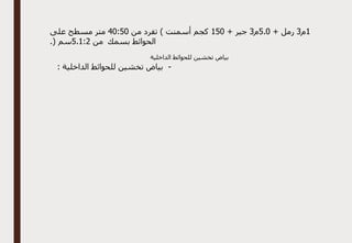 1
‫م‬
3
+ ‫رمل‬
0
.
5
‫م‬
3
+ ‫جير‬
150
‫من‬ ‫تفرد‬ ) ‫أسمنت‬ ‫كجم‬
50
:
40
‫على‬ ‫مسطح‬ ‫متر‬
‫بسمك‬ ‫الحوائط‬
‫من‬
2
:
1
.
5
.( ‫سم‬
‫الداخلية‬ ‫للحوائط‬ ‫تخشين‬ ‫بياض‬
-
: ‫الداخلية‬ ‫للحوائط‬ ‫تخشين‬ ‫بياض‬
 