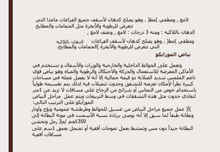 ‫التي‬ ‫ماعدا‬ ‫الفراغات‬ ‫جميع‬ ‫ألسقف‬ ‫كدهان‬ ‫يصلح‬ ‫وهو‬ . (‫)مط‬ ‫ومطفي‬ , ‫المع‬
‫والمطابخ‬ ‫الحمامات‬ ‫مثل‬ ‫واألبخرة‬ ‫للرطوبة‬ ‫تتعرض‬
‫ومنه‬ : ‫بالالكيه‬ ‫الدهان‬
3
, ‫المع‬ ‫ونصف‬ , ‫المع‬ : ‫درجات‬
‫الفراغات‬ ‫ألسقف‬ ‫كدهان‬ ‫يصلح‬ ‫وهو‬ . (‫)مط‬ ‫ومطفي‬
‫بالالكيه‬ ‫الدهان‬
‫للرطوبة‬ ‫تتعرض‬ ‫التي‬
‫والمطابخ‬ ‫)الحمامات‬ ‫واألبخرة‬
.(
‫الموزايكو‬ ‫بياض‬
‫في‬ ‫تستخدم‬ ‫و‬ ‫واألسفال‬ ‫والوزرات‬ ‫والخارجية‬ ‫الداخلية‬ ‫الحوائط‬ ‫على‬ ‫وتعمل‬
‫قوي‬ ‫بياض‬ ‫وهو‬ ‫والمياه‬ ‫والرطوبة‬ ‫واالحتكاك‬ ‫والحركة‬ ‫لالستعمال‬ ‫المعرضة‬ ‫األماكن‬
‫في‬ ‫عمله‬ ‫يفضل‬ ‫ال‬ ‫أنه‬ ‫إال‬ ‫جمالية‬ ‫قيمة‬ ‫ذو‬ ‫الصالبة‬ ‫شديد‬ ‫الملمس‬ ‫ناعم‬
‫مساحات‬
ً‫طوليا‬ ‫تقسيمه‬ ‫يتم‬ ‫لذلك‬ ‫فيه‬ ‫تنميالت‬ ‫وحدوث‬ ‫للتشقق‬ ‫تعرضه‬ ‫إلمكان‬ ً‫نظرا‬ ‫كبيرة‬
‫عن‬ ‫تزيد‬ ‫ال‬ ‫مسافات‬ ‫على‬ ‫الزجاج‬ ‫من‬ ‫شرائح‬ ‫أو‬ ‫النحاس‬ ‫من‬ ‫خوص‬ ‫باستخدام‬
1
‫متر‬
‫البياض‬ ‫مراحل‬ ‫عمل‬ ‫ويتم‬ ‫التربيعات‬ ‫وسط‬ ‫في‬ ‫التشققات‬ ‫هذه‬ ‫مثل‬ ‫حدوث‬ ‫لتفادي‬
:‫التالي‬ ‫الترتيب‬ ‫على‬ ‫الموزايكو‬
‫عمل‬ (‫)أ‬
‫وأوتار‬ ‫وبؤج‬ ‫عمومية‬ ‫وطرطشة‬ ‫للحوائط‬ ‫غسيل‬ ‫من‬ ‫البياض‬ ‫مراحل‬ ‫جميع‬
‫إلى‬ ‫البطانة‬ ‫مونة‬ ‫في‬ ‫األسمنت‬ ‫نسبة‬ ‫بزيادة‬ ‫يوصى‬ ‫أنه‬ ‫إال‬ ‫سبق‬ ‫لما‬ ً‫طبقا‬ ‫وبطانة‬
350
‫م‬/ ‫كجم‬
3
‫وتخشن‬ ‫رمل‬
‫بعمق‬ ‫تمنجل‬ ‫أو‬ ‫أفقية‬ ‫تموجات‬ ‫بعمل‬ ‫وتمشط‬ ‫مس‬ ‫دون‬ ً‫جيدا‬ ‫البطانة‬
1
‫على‬ ‫سم‬
‫أفقية‬ ‫مسافات‬
 