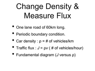 Change Density &
Measure Flux
• One lane road of 60km long.
• Periodic boundary condition.
• Car density : ρ = # of vehicles/km
• Traffic flux : J = ρv ( # of vehicles/hour)
• Fundamental diagram (J versus ρ)
 