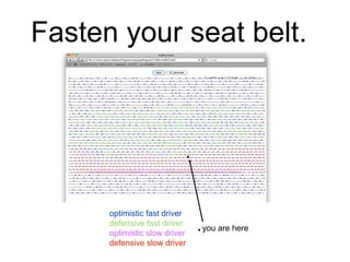 Fasten your seat belt.
optimistic fast driver
defensive fast driver
optimistic slow driver
defensive slow driver
you are here
 