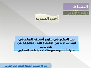 ‫النشاط‬
‫رقم‬
(
8
) ‫الوقت‬
(
10
)
‫دقائق‬
‫المتدرب‬ ‫أخي‬
‫عند‬
‫ف‬ ‫التعلم‬ ‫أنشطة‬ ‫تطوير‬ ‫في‬ ‫التفكير‬
‫ي‬
‫من‬ ‫مجموعة‬ ‫على‬ ‫االعتماد‬ ‫من‬ ‫البد‬ ‫التدريب‬
‫المعايير‬
...
‫حاول‬
‫المعايير‬ ‫هذه‬ ‫تحديد‬ ‫ومجموعتك‬ ‫أنت‬
‫التدريب‬ ‫في‬ ‫التعلم‬ ‫أنشطة‬ ‫تصميم‬ ‫معرفة‬
 