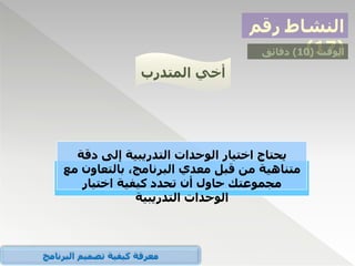 ‫رقم‬ ‫النشاط‬
(
17
) ‫الوقت‬
(
10
)
‫دقائق‬
‫المتدرب‬ ‫أخي‬
‫يحتاج‬
‫دقة‬ ‫إلى‬ ‫التدريبية‬ ‫الوحدات‬ ‫اختيار‬
‫بالتعاون‬ ،‫البرنامج‬ ‫معدي‬ ‫قبل‬ ‫من‬ ‫متناهية‬
‫مع‬
‫اختيار‬ ‫كيفية‬ ‫تحدد‬ ‫أن‬ ‫حاول‬ ‫مجموعتك‬
‫التدريبية‬ ‫الوحدات‬
‫البرنامج‬ ‫تصميم‬ ‫كيفية‬ ‫معرفة‬
 