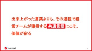 31
出来上がった言葉よりも、その過程で経
営チームが獲得する 共通言語.にこそ、
価値が宿る 
 