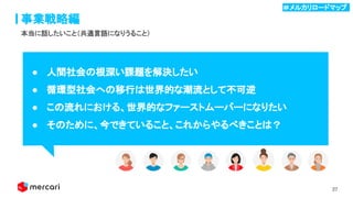 37
事業戦略編
● 人間社会の根深い課題を解決したい 
● 循環型社会への移行は世界的な潮流として不可逆 
● この流れにおける、世界的なファーストムーバーになりたい 
● そのために、今できていること、これからやるべきことは？ 
本当に話したいこと（共通言語になりうること）
＃メルカリロードマップ .
 