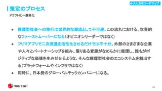 45
策定のプロセス
ドラフト化〜最終化
● 循環型社会への移行は世界的な潮流として不可逆。この流れにおける、世界的
なファーストムーバーになる（オピニオンリーダーではなく）
● フリマアプリで二次流通を活性化させるだけでは不十分。外部のさまざまな企業
や人々とパートナーシップを組み、限りある資源がなめらかに循環し、誰もがポ
ジティブな価値を生みだせるような、そんな循環型社会のエコシステムを創出す
る（プラットフォームやインフラではなく）
● 同時に、日本発のグローバルテックカンパニーになる。
＃メルカリロードマップ .
 
