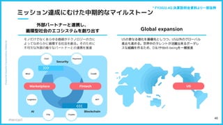 　　
外部パートナーと連携し、
循環型社会のエコシステムを創り出す Global expansion
Payment
Crypto
City
BtoC
NFT
Credit
ミッション達成にむけた中期的なマイルストーン
モノだけでなくあらゆる価値がテクノロジーの力に
よってなめらかに循環する社会を創る。そのために
不可欠な外部の様々なパートナーとの連携を推進
USの更なる強化を最優先としつつ、US以外のグローバル
進出も進める。世界中のタレントが活躍出来るボーダレ
スな組織を作るため、D＆IやWell-beingを一層推進
46
CtoC
US
Security
AI Blockchain
Marketplace Fintech
Logistics
>>> 
>>>
 
* FY2022.4Q 決算説明会資料より一部抜粋
 