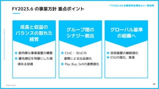 　　
49
FY2023.6 の事業方針 重点ポイント
● 筋肉質な事業基盤の構築
● 優先順位を明確にした規
　律ある投資
成長と収益の
バランスの取れた
経営
● CtoC・ BtoCの
　連携による出品強化
● Pay, Buy, Sellの連携強化
グループ間の
シナジー創出
● 技術基盤の継続強化
● ESGの強化、推進
グローバル基準
の組織へ
* FY2022.4Q 決算説明会資料より一部抜粋
 